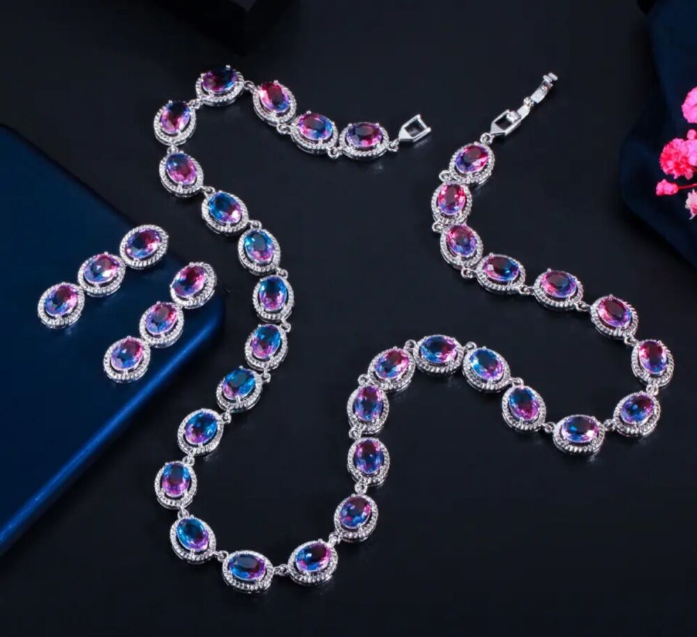 luxury pink/blue cubic zirconia jewelry set