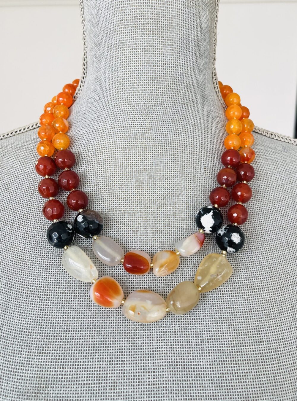 Multi Gemstone Layered Necklace-(Orange, Black)