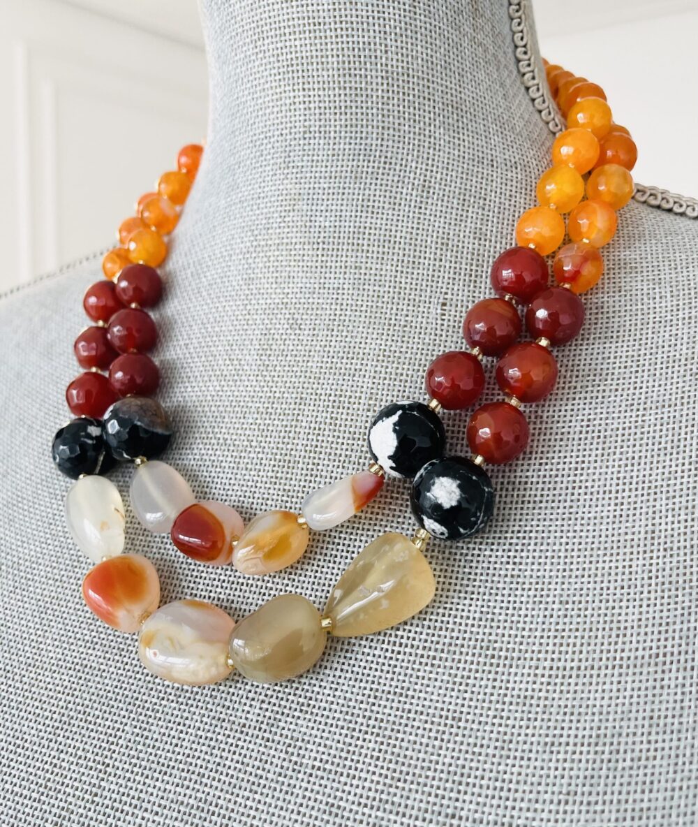 Multi Gemstone Layered Necklace-(Orange, Black) - Image 2