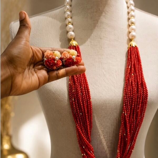 Pearls/Red Floral necklace set
