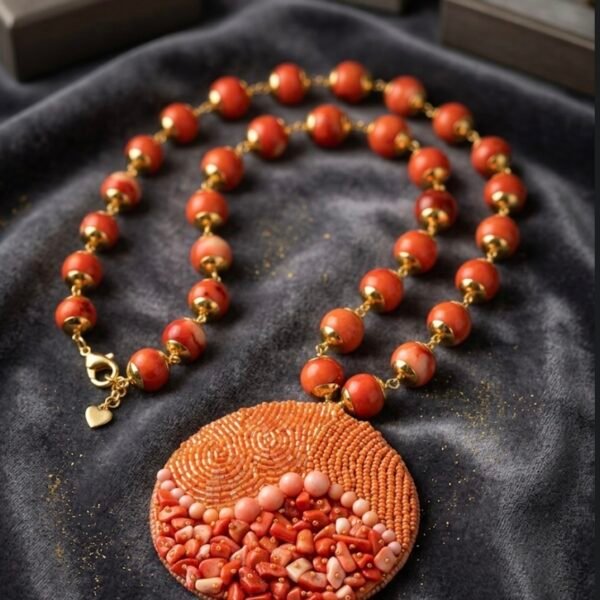Coral embroidery pendant necklace
