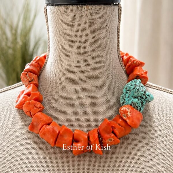 Coral/‘turquoise’ magnesite nuggets necklace