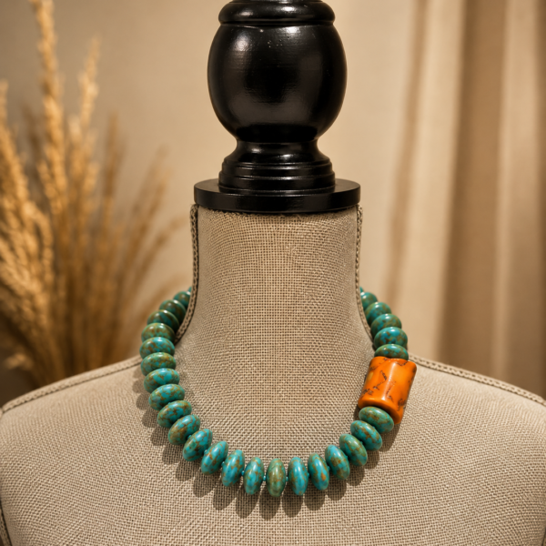 Coral/Mosaic ‘turquoise’ magnesite necklace